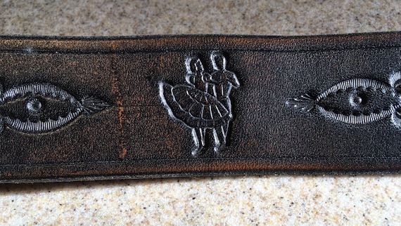Vintage Hand Tooled Leather Belt Size 38 Square D… - image 1