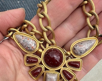 Vintage Avon “Desert Sands” Bib Necklace Burgundy Gray Cabochons