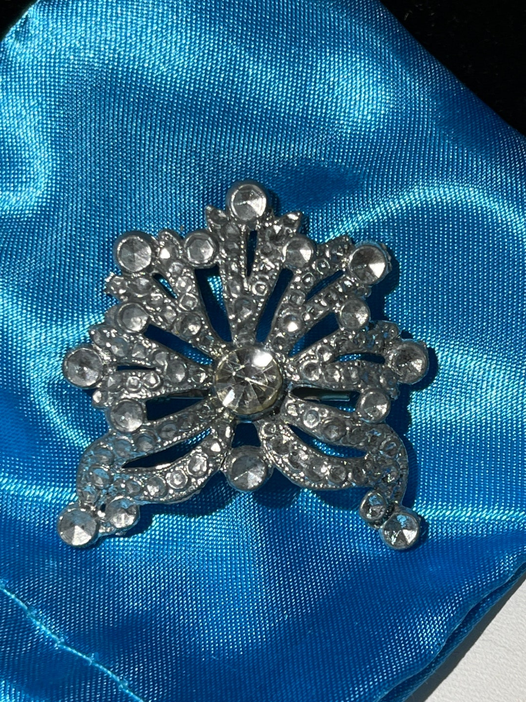 Antique Blue Pot Metal Brooch Art Deco Faux Marcasite Style Rhinestone
