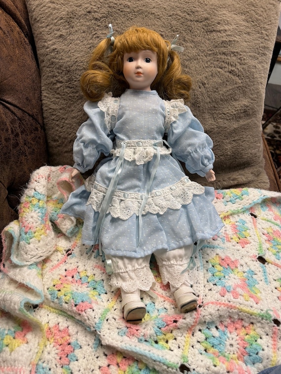 Vintage Porcelain Red Hair Blue Eyed Doll Collectible Gift Blue Lace Dress  - Etsy