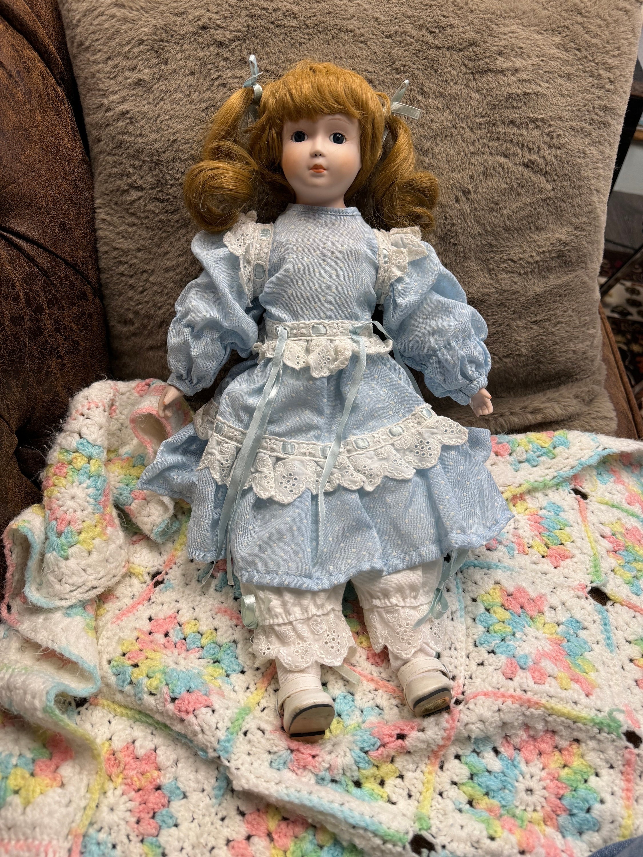 Vintage Porcelain Red Hair Blue Eyed Doll Collectible Gift Blue