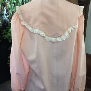 May include: A light pink blouse with a high collar and long sleeves. The yoke and cuffs are trimmed with white lace. The back of the blouse is visible, showing the fabric's texture and the buttoned cuffs.
