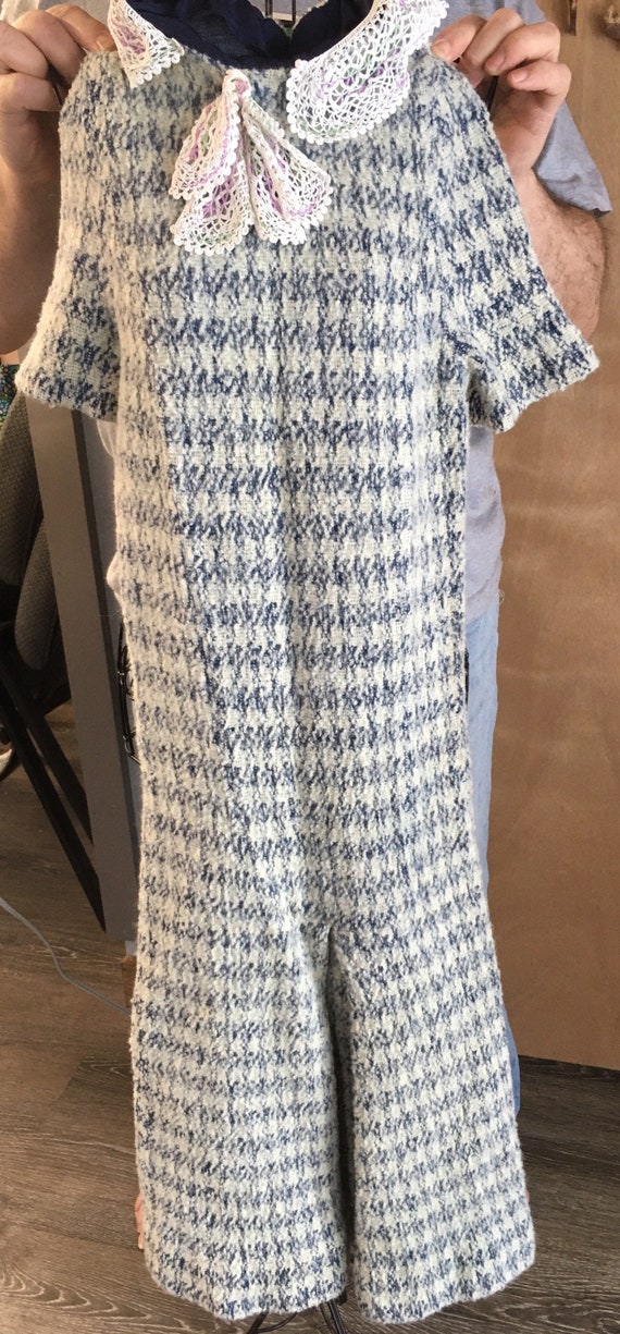 Vintage 1930 Blue Wool Short Sleeves Dress With C… - image 1