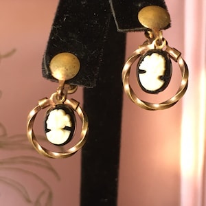 Antique Cameo Drop Dangle Screw back Earrings Rose Gold