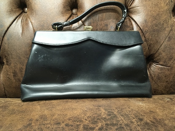 Vintage Black Vinyl Pocketbook, 1950 Purse, Top H… - image 1