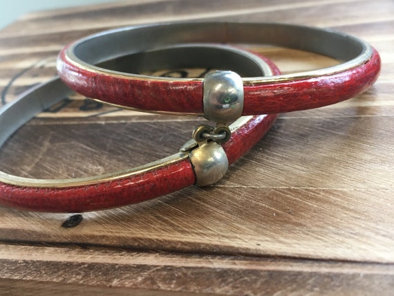 Vintage Red Snakeskin Leather Bangle Bracelet Set