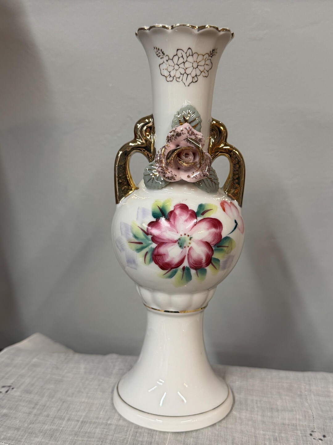 Vintage Porcelain Double Handles Floral Bud Vase With Gold Accents ...