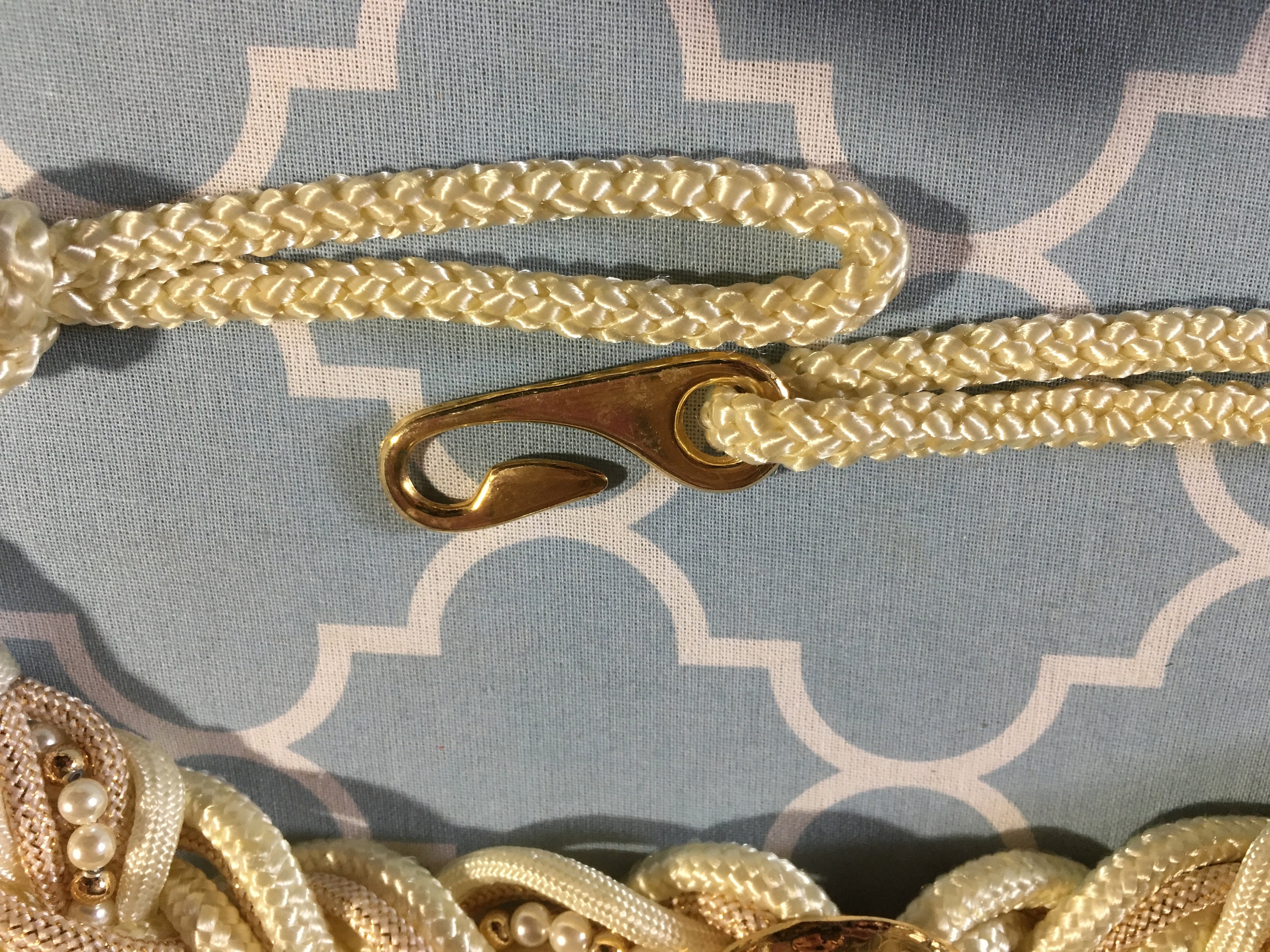 Vintage Elegant Ivory Hammered Gold Satin Braided Belt With Pearl Detail Large Vintage Ivory/cream Braided Belt With Pearl & Beads  main image 3