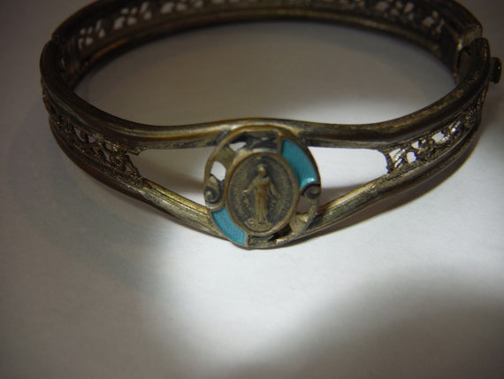 Antique Miraculous Medal Bracelet Filigree Cuff S… - image 5