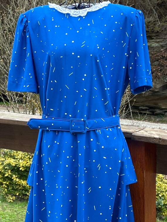 Vintage 1970/80's Blue Shirtwaist Dress Ruffles W… - image 2