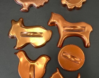 Vintage 7 Animal Copper Color Metal Cookie Cutter’s Baking Utensils Cookie Patterns Press Turkey, Dog, Farm Animals