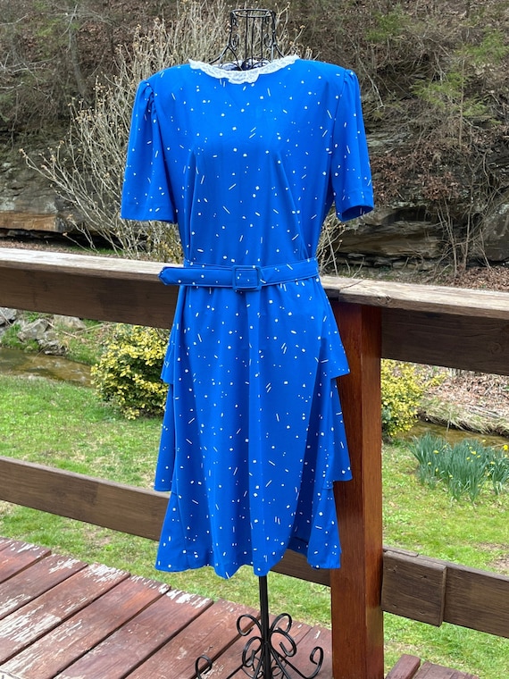 Vintage 1970/80's Blue Shirtwaist Dress Ruffles W… - image 1