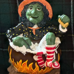 Vintage Halloween Witch Taking Bath in Cauldron Decoration Motion Ceramic Witch