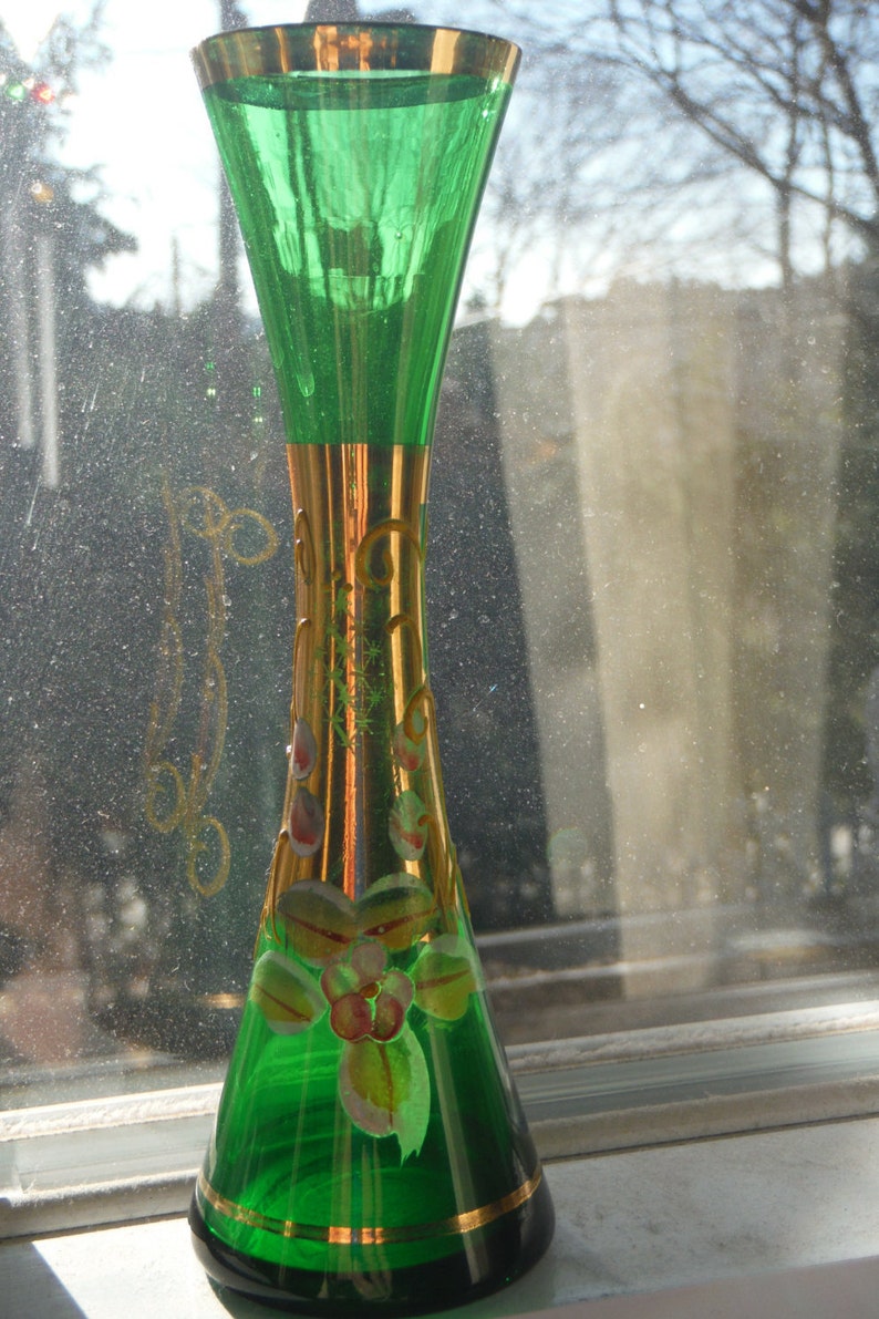 1909 Moser Art Bohemian Glass Green Vase W Enameled Flowers And Etsy New Zealand