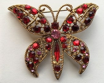 Vintage Rhinestone Red & Pink Gold Filigree Butterfly