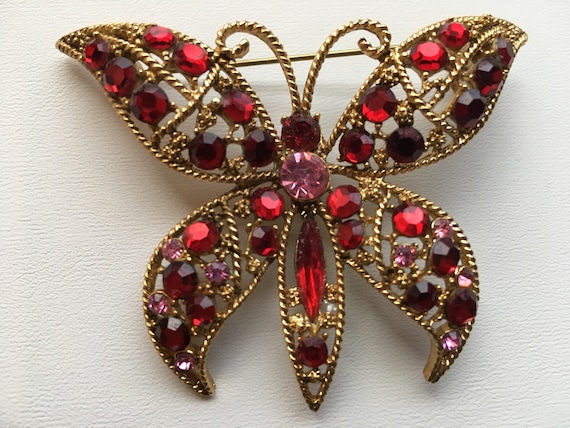 Vintage Rhinestone Red & Pink Gold Filigree Butte… - image 1