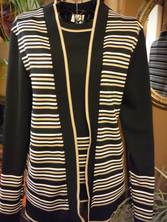 Vintage Two Piece Black with Tan/White Stripes Ta… - image 1