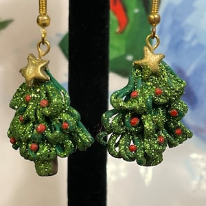Vintage Polymer Clay Christmas Tree Dangling Earrings Pierced