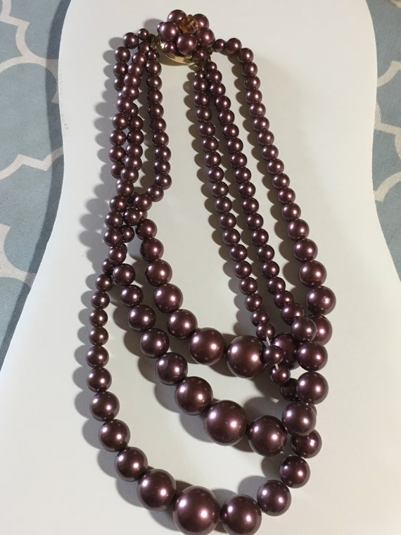 1950's Bib Necklace,Three Strand Dark Mauve/Plum … - image 2