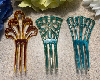 Vintage 1940’s Lucite Flamenco Peineta Comb Mantilla Spanish Hair Combs Sold Separately Choice of Three Amber, Green, Teal Rhinestones