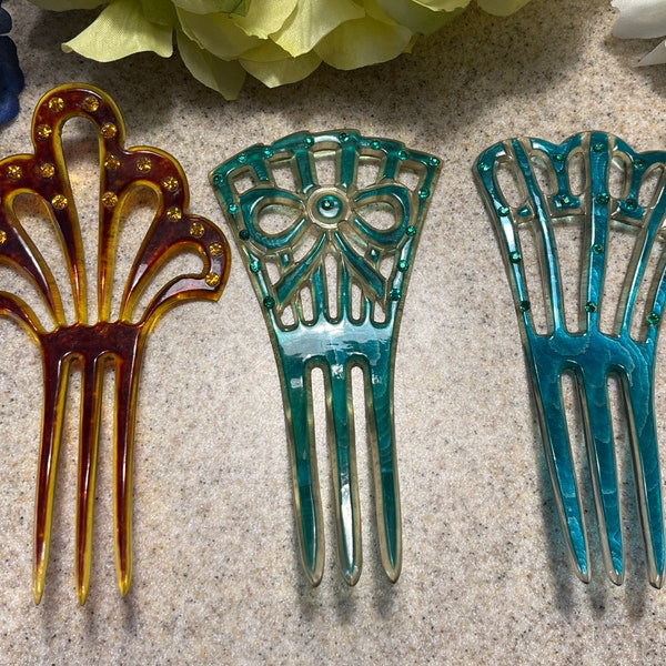 Vintage 1940’s Lucite Flamenco Peineta Comb Mantilla Spanish Hair Combs Sold Separately Choice of Three Amber, Green, Teal Rhinestones