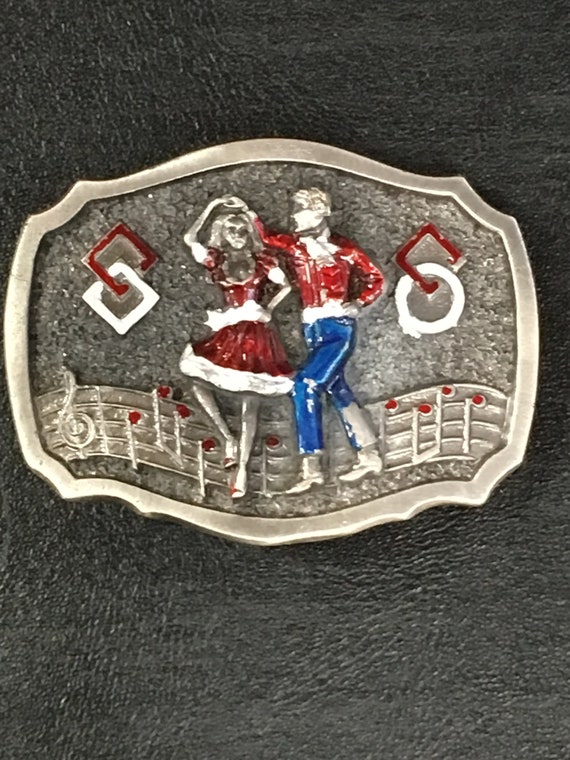 1984 Square Dancing Couple Pewter Belt Buckle - image 3