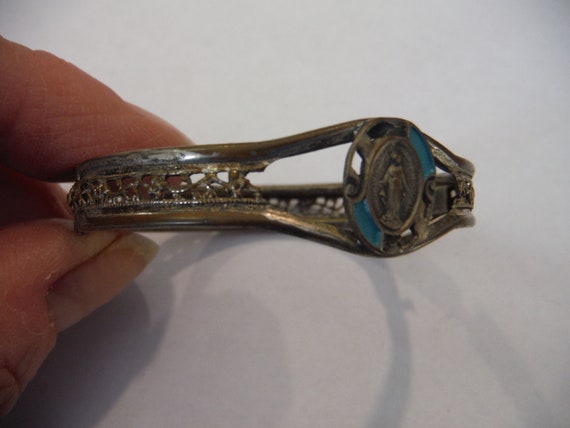 Antique Miraculous Medal Bracelet Filigree Cuff S… - image 6