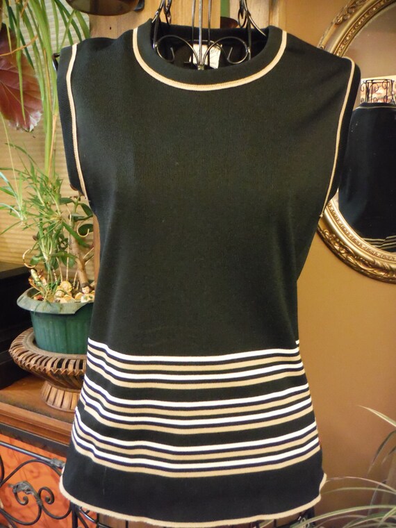 Vintage Two Piece Black with Tan/White Stripes Ta… - image 2