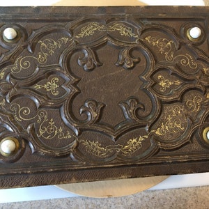 Antique Victorian Leather Brass Photo Album Gold-leaf Goffered Gilded Edges Dark Academia Style