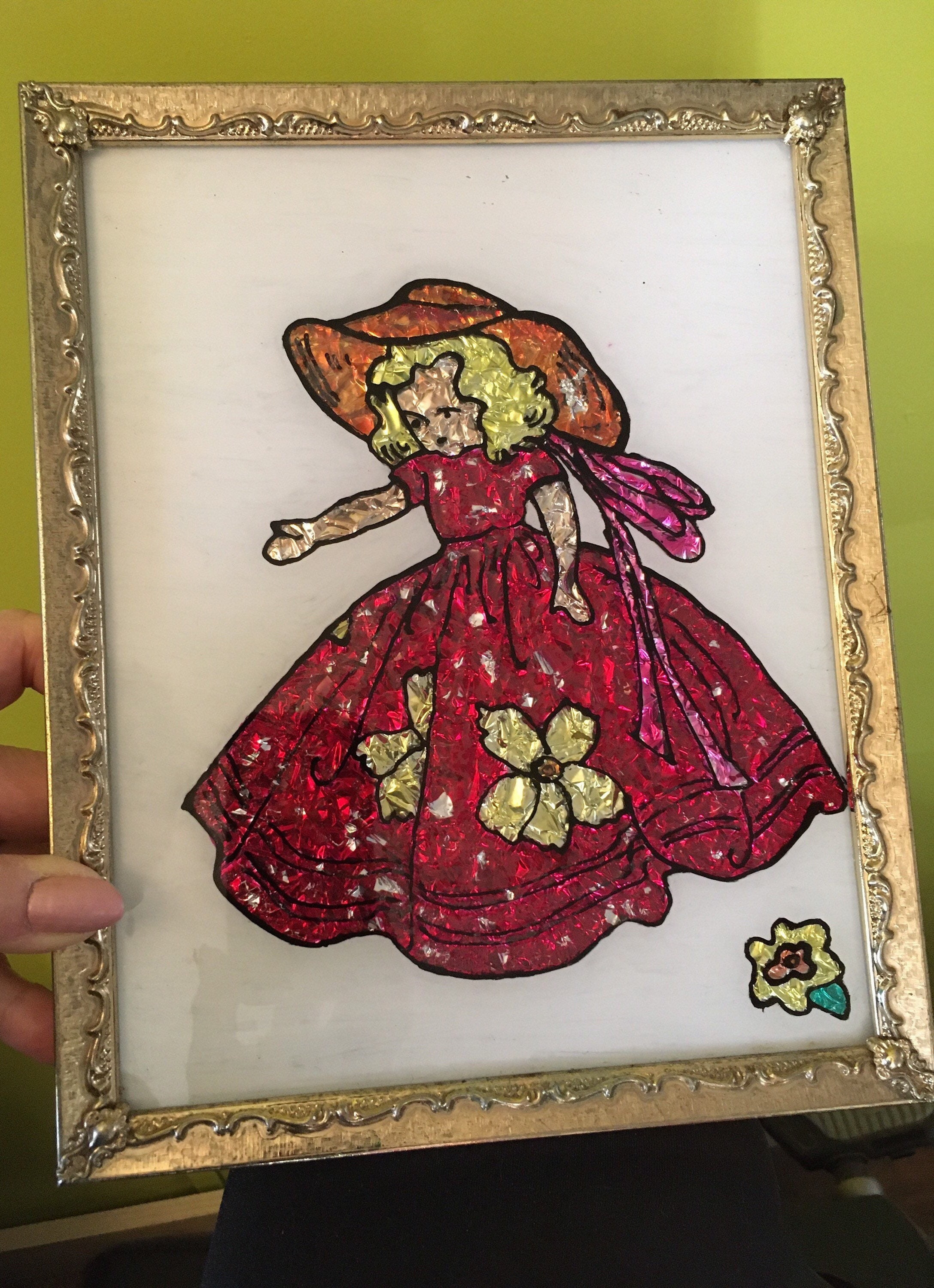 Vintage Foil Art 1970's Tinsel Foil Art Southern Girl