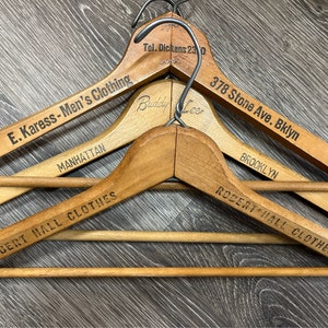 Vintage NY City Wood Hangers Shirts BKLYN Manhattan Wooden Advertising Hangers Coat Slack Shirts Hangers Mid Century 1940's +