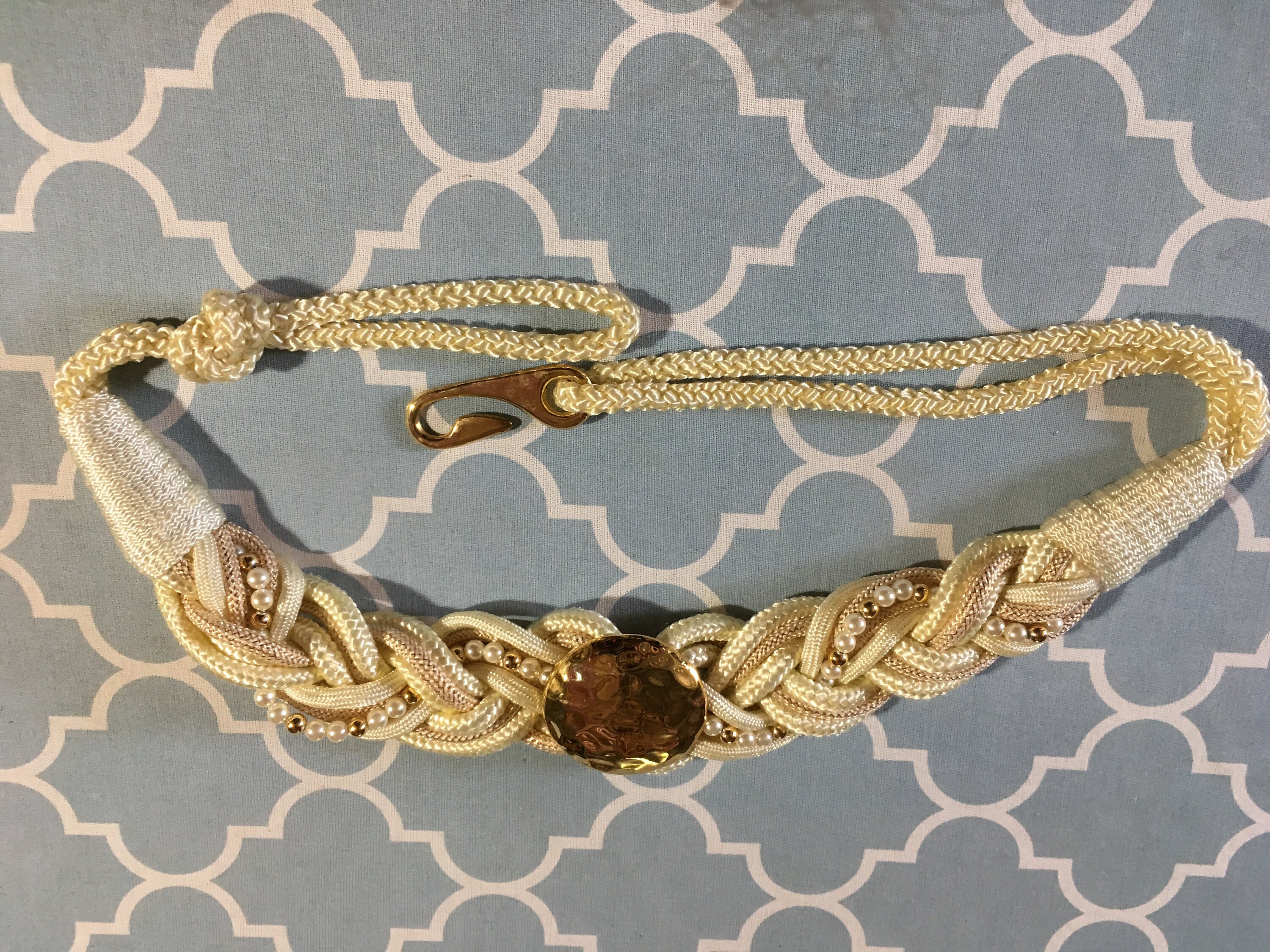 Vintage Elegant Ivory Hammered Gold Satin Braided Belt With Pearl Detail Large Vintage Ivory/cream Braided Belt With Pearl & Beads  main image 2