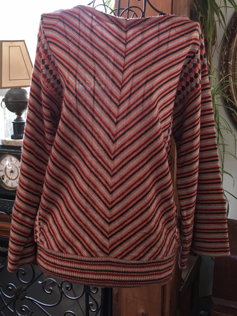 Vintage Eccobay 70/80s Striped Pullover Sweater Small Blk,Coral, Red image 2