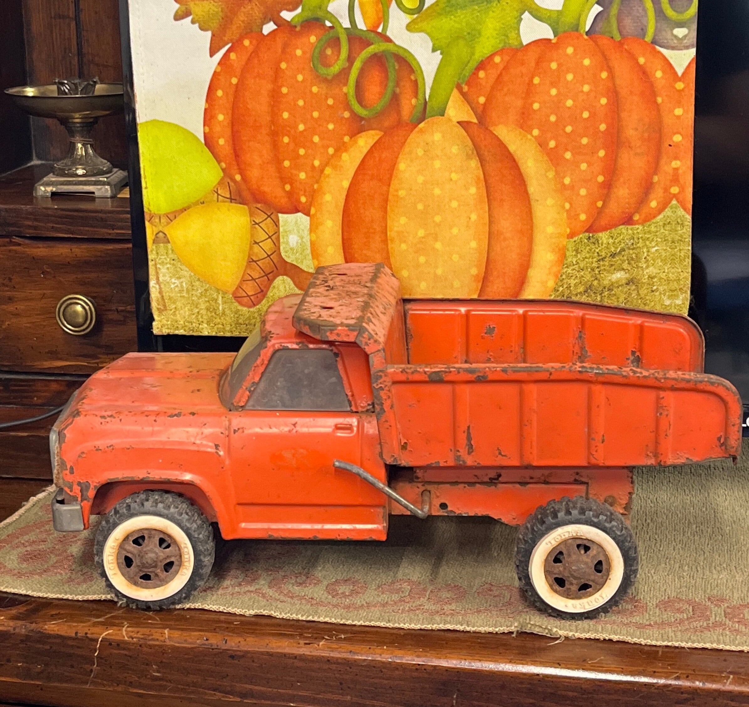 Vintage 1970s Tonka Orange Dump Truck Steel Fall Decoration