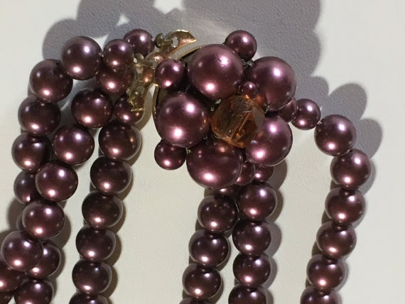 1950's Bib Necklace,Three Strand Dark Mauve/Plum … - image 1