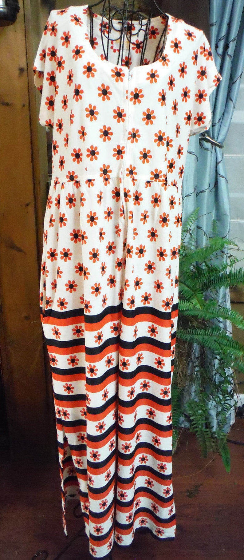Boho Hippie Maxi Orange, White, Black Daisy's Striped Short sleeve Dress Fifth Avenue Robes Summer Loong Dress image 2