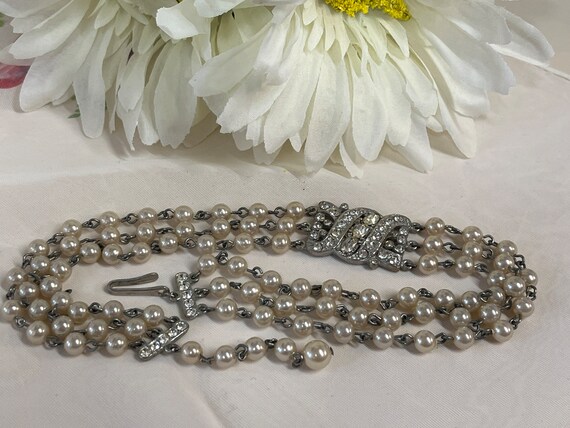 Vintage Art Deco Rhinestones Faux Ivory Triple Strand Choker 1930-40  Necklace