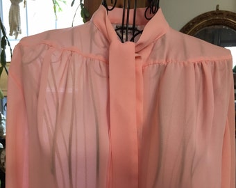 Vintage Toute Suite Pink Long Sleeve Blouse Attached Scarf/Tie