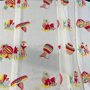 Vintage 1950s Mexican Southwestern Themed Rectangular Tablecloth Multi Colors