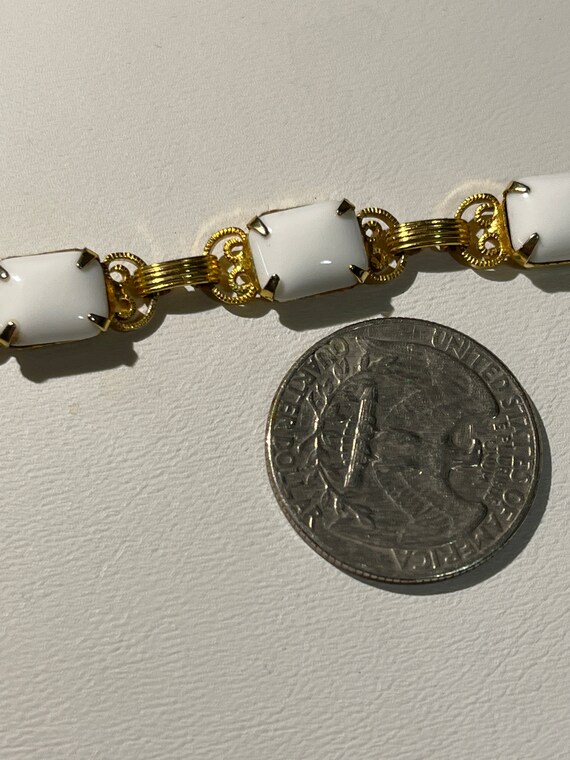 Vintage White Lucite Gold Tone Filigree Link Brac… - image 4