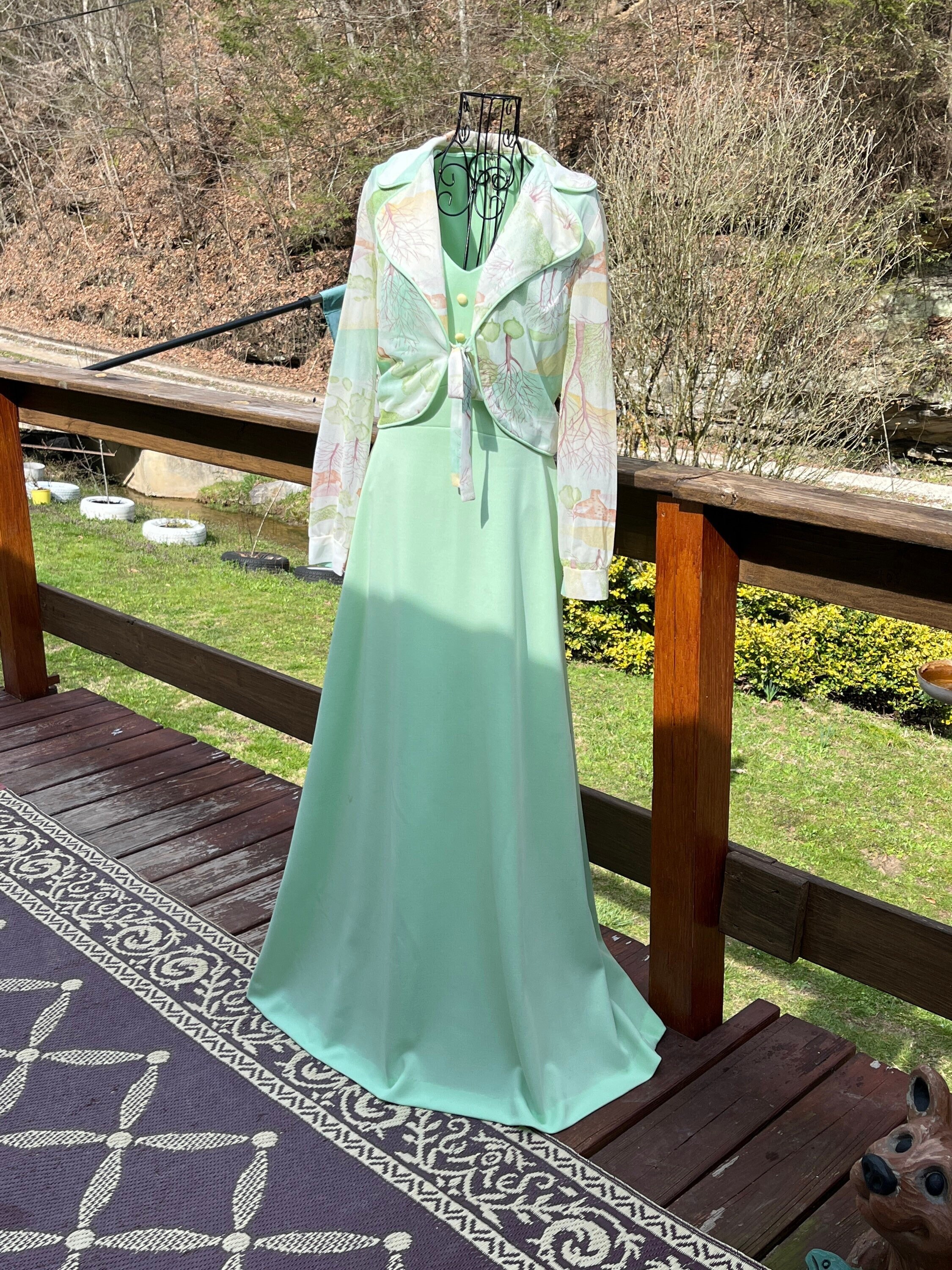 1960's Green Sleeveless Gown and Bolero Jacket With Wooded