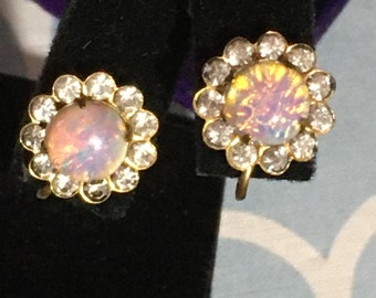 Vintage Opal and Rhinestone Screw Back Earrings, Gold Tone