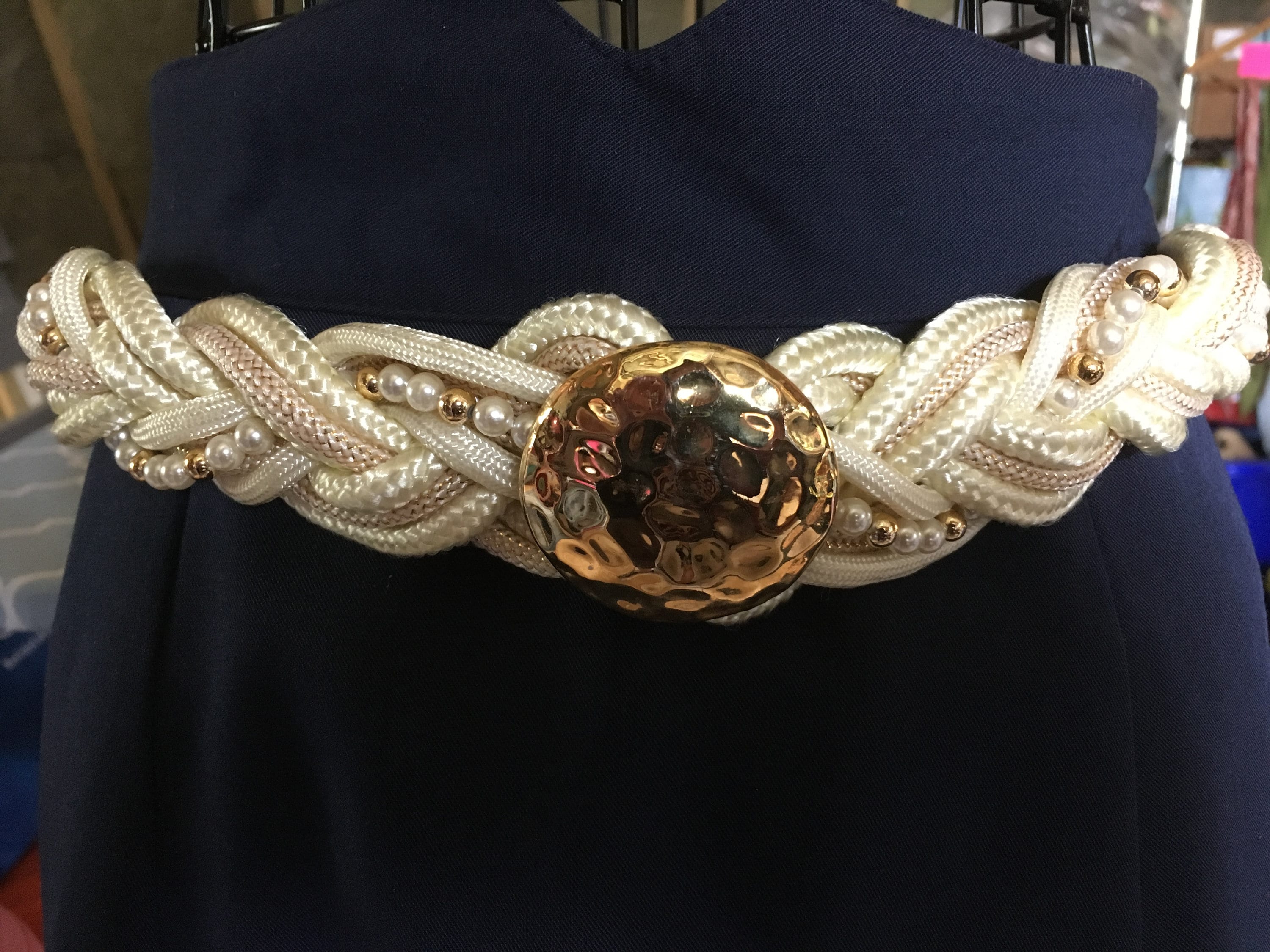 Vintage Elegant Ivory Hammered Gold Satin Braided Belt With Pearl Detail Large Vintage Ivory/cream Braided Belt With Pearl & Beads  main image 4