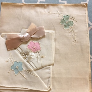 Vintage 1930 White Linen Cotton Green, Pink and Blue Floral Handkerchief Set