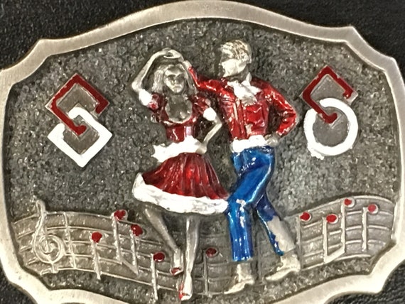 1984 Square Dancing Couple Pewter Belt Buckle - image 2