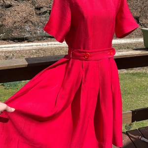 Vintage 1950&#39;s Red Dress  Retro Shirt Waist Swing Short Sleeve Full Pleated Skirt Dress Summer Dress