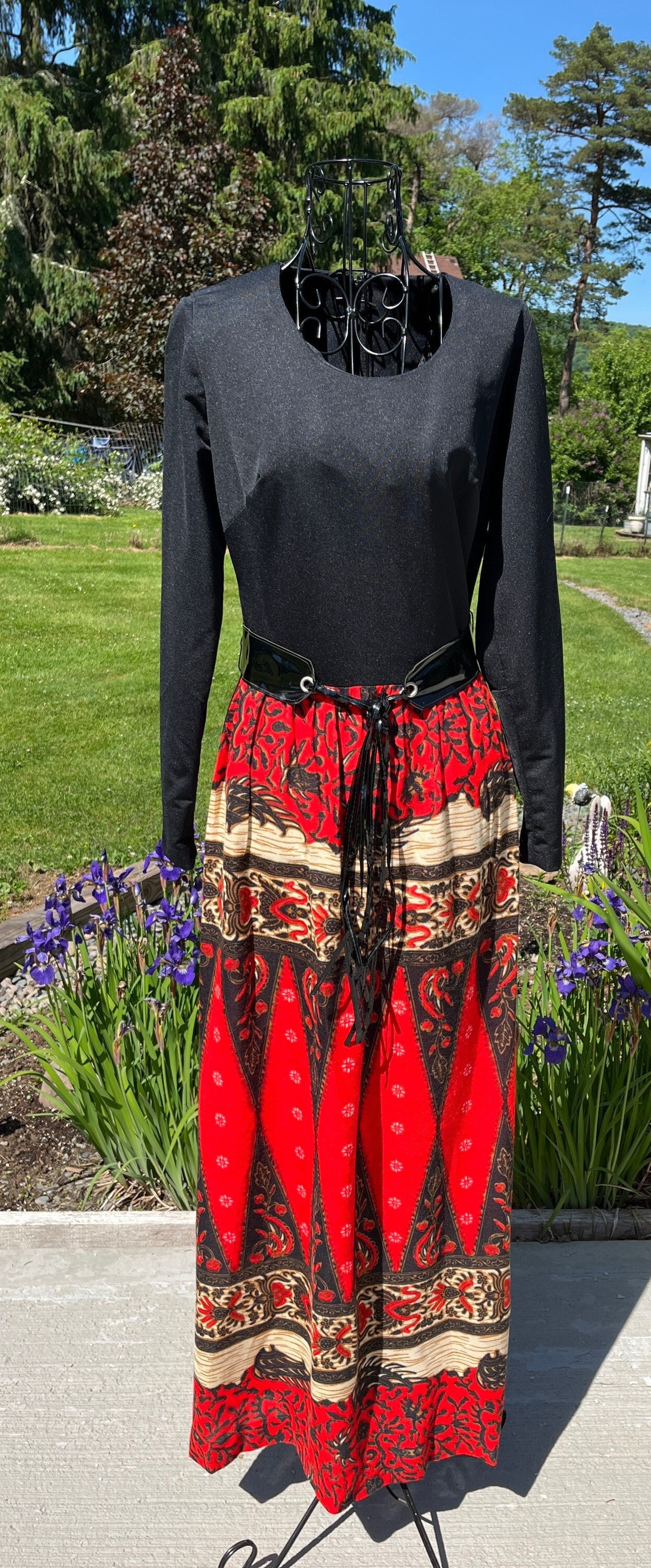 送料無料 通販 Vintage Polska Etsy - Boho Dress Long Gown Black and Red Women Clothing