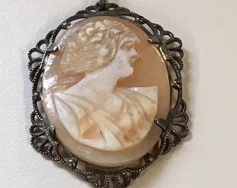 Antique Edwardian Carnelian Sterling Filigree Cameo Pendant