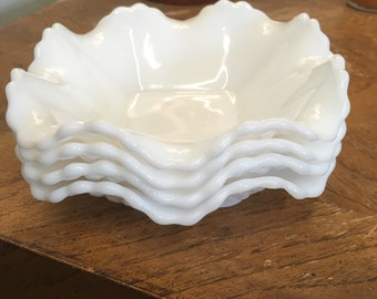 Vintage Milkglass Square Dish Diamond Pattern Hob Nail Ruffled Edges Set of Four Wedding Gift