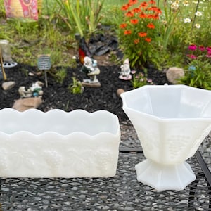 Vintage 1950s Fire King Anchor Hocking White Milk Glass Rectangular or Octagon Planters: Candy Dish Raised Grape Pattern